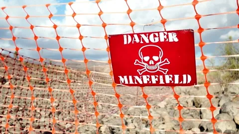 Red danger sign with a symbol warning of a minefield Stock-Footage 332164142
