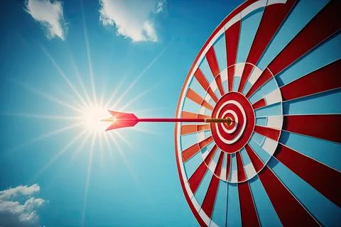 Red darts arrows in the target with blue sky background, target or goal suc.. Stock Illustration