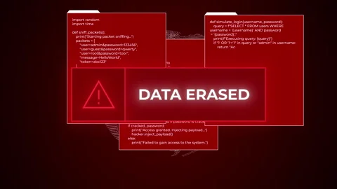 Red Data Destruction Message Appearing on Computer Screen during Hacker Attack Stock Footage 297941799
