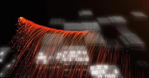 Red data streams and binary code image over digital matrix background Stock Illustration