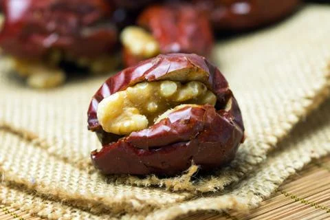 Red date stuffed with walnut Stock Photos