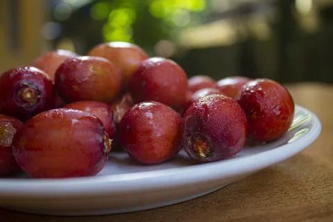 Red dates isolated on a ceramic plate Stock Photos