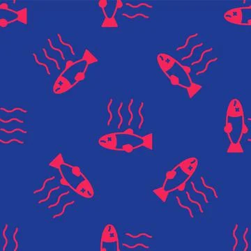 Red Dead fish icon isolated seamless pattern on blue background. Rotten fish. Stock Illustration