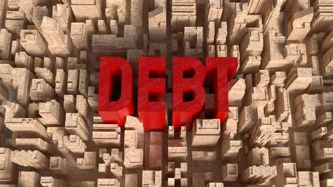 Red Debt Text Rising Above City Maze 3d render. Stock Illustration