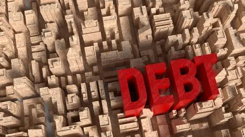 Red Debt Text Rising Above City Maze 3d render. Stock Illustration