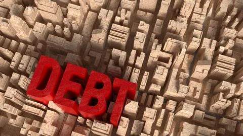 Red Debt Text Rising Above City Maze 3d render. Stock Illustration