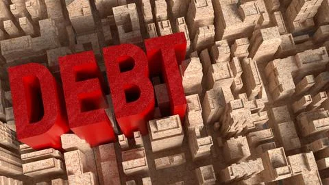 Red Debt Text Rising Above City Maze 3d render. Stock Illustration