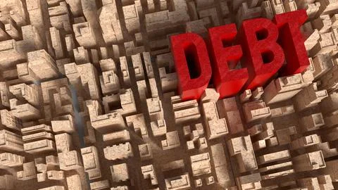 Red Debt Text Rising Above City Maze 3d render. Ilustração Stock