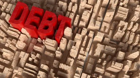 Red Debt Text Rising Above City Maze 3d render. Ilustração Stock