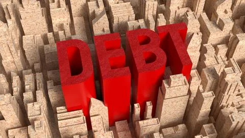Red Debt Text Rising Above City Maze 3d render. Stock Illustration