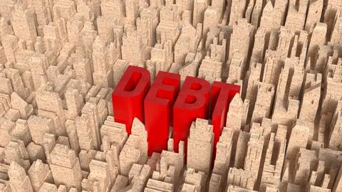 Red Debt Text Rising Above City Maze 3d render. Ilustração Stock