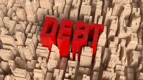 Red Debt Text Rising Above City Maze 3d render. Stock Illustration