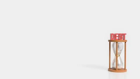 The red debt text on sand clock for business concept 3d rendering. Fotos Stock