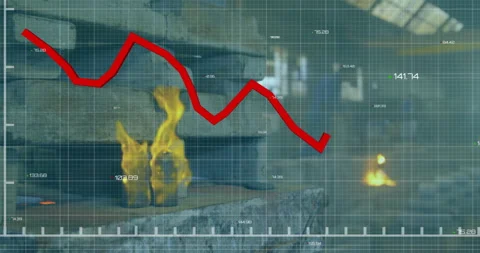 Red declining graph animation over industrial background with fire and machinery Stock Footage 304485612