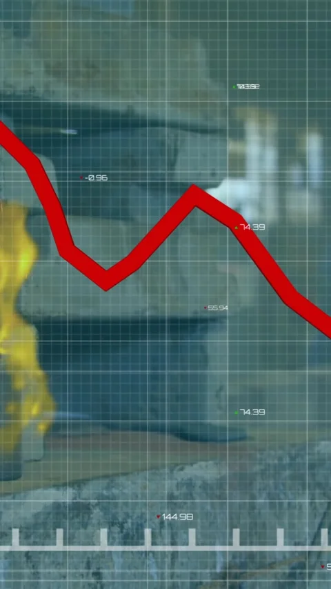 Red declining graph animation over industrial background with fire and machinery Stock Footage 341977135
