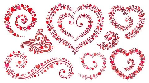 Red decorative swirls with hearts vector design Stock Illustration
