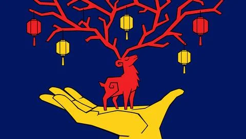 Red Deer with Antlers as Lantern Tree on a Hand Stock Illustration