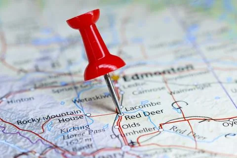 Red Deer, Canada pin on map Stock Photos