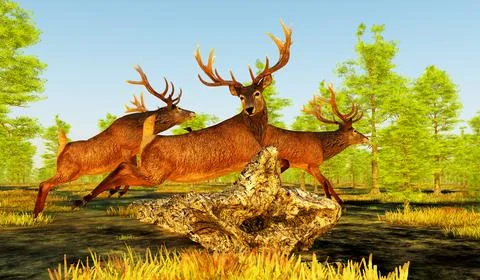 Red Deer jump Dead Tree Stock Illustration