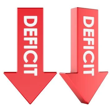 Red deficit arrows pointing down. 3D rendering 库存插图
