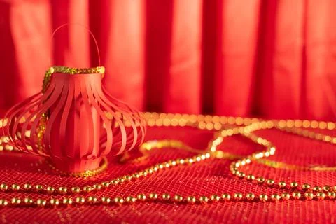 Red defocused abstract background with Red Chinese paper lantern close up with Stock Photos