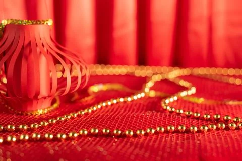 Red defocused abstract background with Red Chinese paper lantern close up with 写真素材