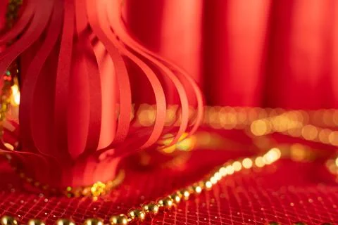 Red defocused abstract background with Red Chinese paper lantern close up with Stock Photos