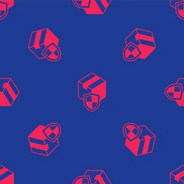 Red Delivery security with shield icon isolated seamless pattern on blue Illustrazione stock