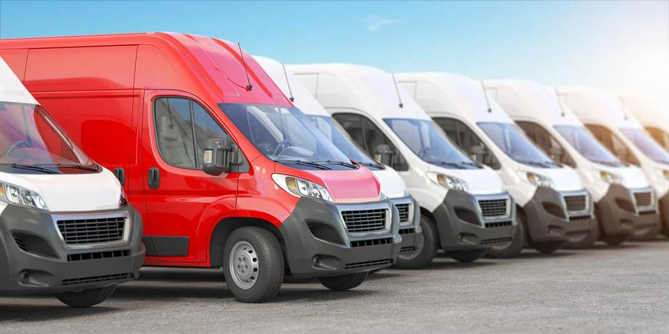 Red delivery van in a row of white vans. Best express delivery and shipemt se Illustrazione stock