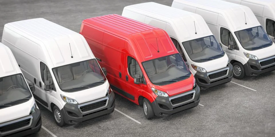 Red delivery van in a row of white vans. Best express delivery and shipemt se 库存插图