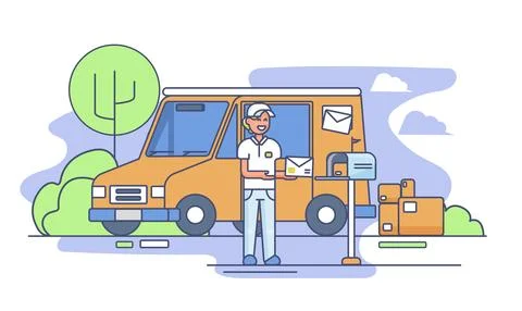 Red delivery van with shadow and cardboard boxes fragile signs Stock Illustration