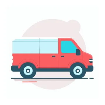 Red delivery van side view on road. Minimalist style cargo vehicle graphic Stock Illustration