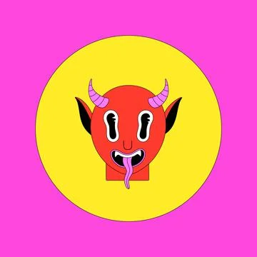 Red demon or devil. Halloween spooky cartoon character in circle on pink back Stock Illustration