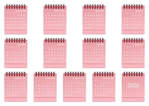 Red desktop calendar template featuring clean grid layout, spiral-bound plann Stock Photos