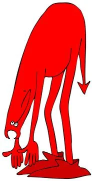 Red devil bending over to touch his toes Stock Illustration