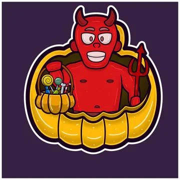 Red Devil On Big Pumpkin Cartoon. Halloween Sticker Logo. イラスト素材