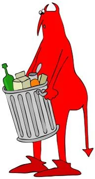 Red devil carrying a garbage can Illustrazione stock