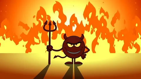 Red Devil Cartoon Emoji Character Holding A Pitchfork Over Flames Stock Footage 138186039