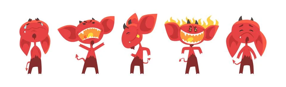 Red Devil Character with Horns and Face Emotion Vector Set Stock Illustration