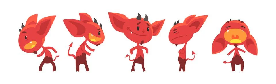 Red Devil Character with Horns and Face Emotion Vector Set イラスト素材