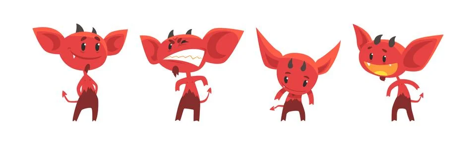 Red Devil Character with Horns and Face Emotion Vector Set Stock Illustration