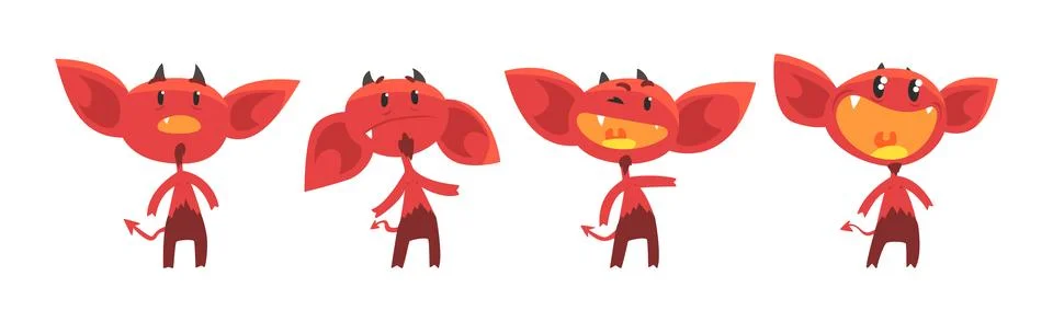 Red Devil Character with Horns and Face Emotion Vector Set Stock Illustration