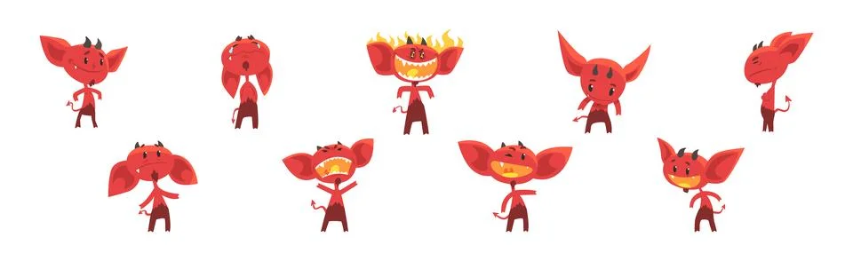 Red Devil Character with Horns and Face Emotion Vector Set 스톡 일러스트
