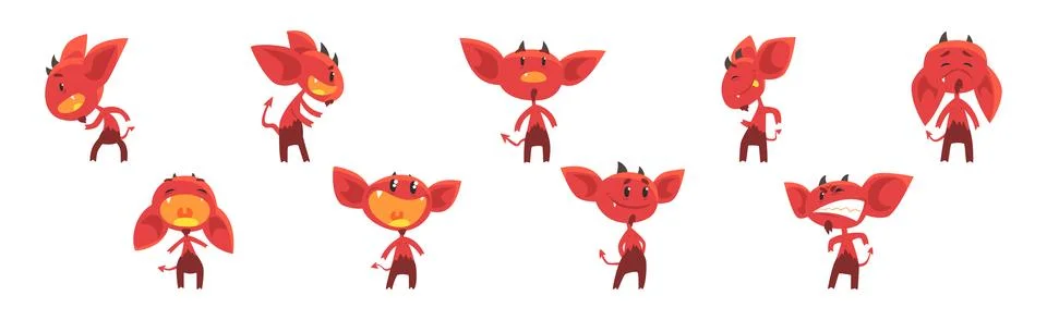 Red Devil Character with Horns and Face Emotion Vector Set Stock Illustration
