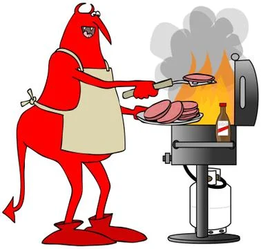Red devil cooking on a BBQ grill Illustrazione stock