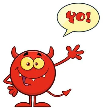 Red Devil Emoji Character Waving For Greeting With Speech Bubble And Text Stock-Illustration