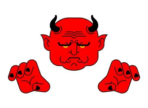 Red Devil Face. Heck portrait. Satan head. Demon of underworld. vector illust Stock Illustration
