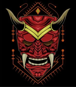 Red devil face illustration. vector head of red demon. japanese demon mask 스톡 일러스트
