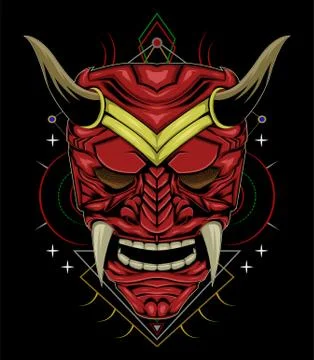 Red devil face illustration. vector head of red demon. japanese demon mask Stock Illustration