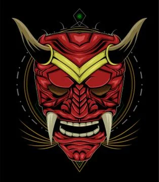 Red devil face illustration. vector head of red demon. japanese demon mask Stock Illustration